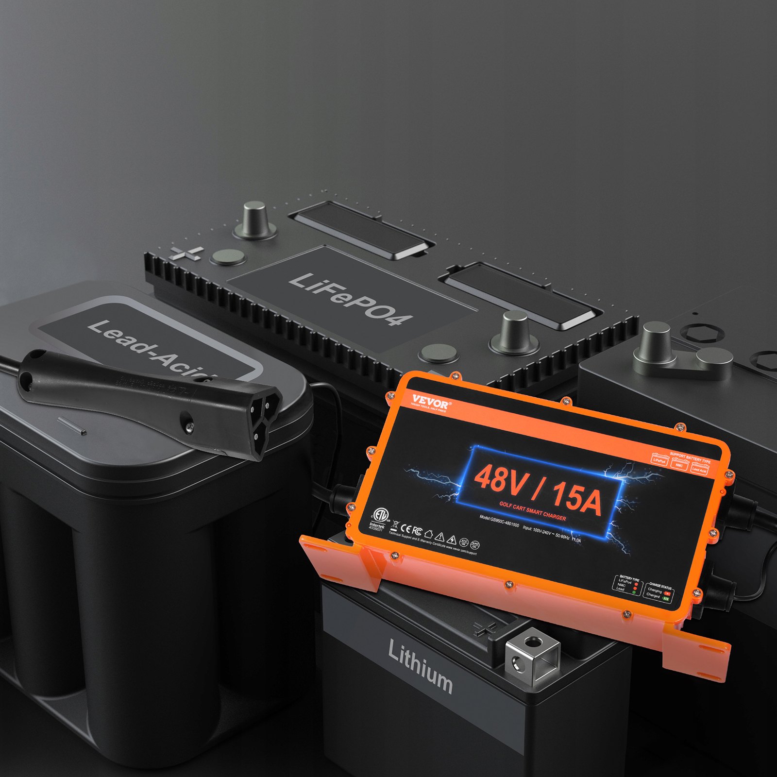 Cargador de batería para carrito de golf VEVOR de 48 V y 15 A que se muestra con diferentes tipos de baterías, incluidas Lifepo4 y plomo-ácido