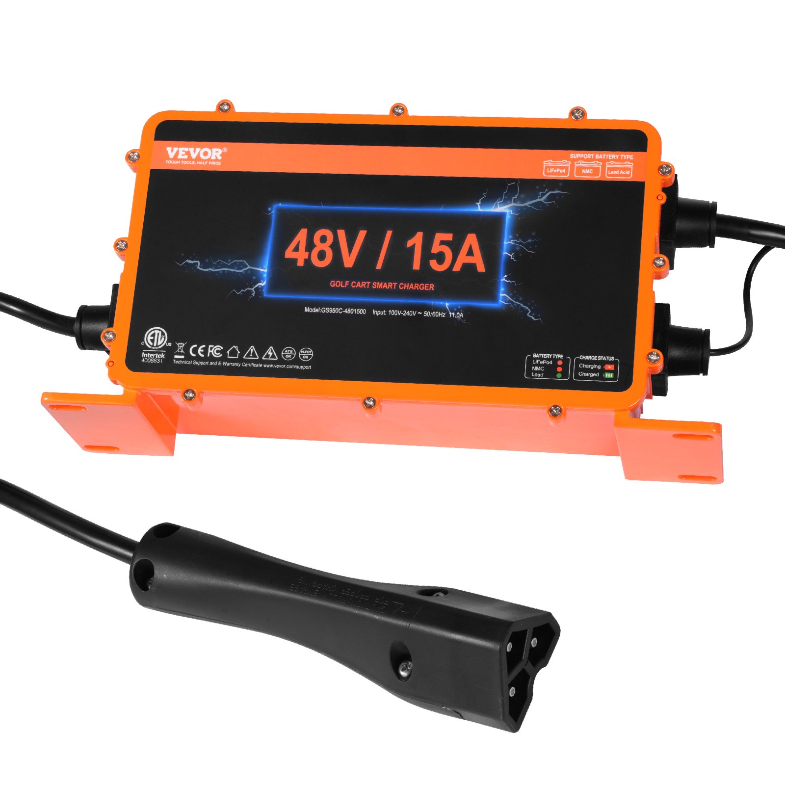 Cargador de batería para carrito de golf VEVOR 48v/15a con carcasa naranja y cable de carga negro.