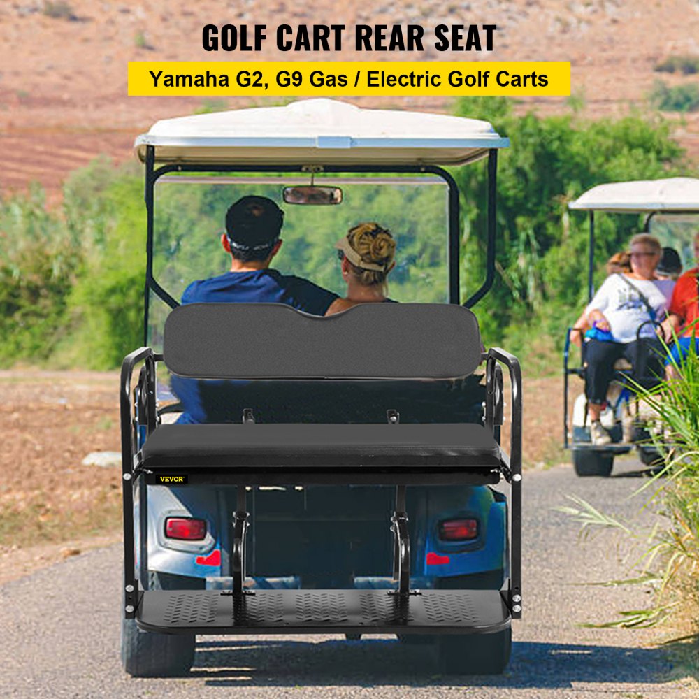 VEVOR Asiento trasero para carrito de golf, asiento trasero para carrito de golf para Yamaha G2 y G9, carrito de golf de gas/eléctrico, asiento trasero para carrito de golf resistente, capacidad de 1102 libras, kit de asiento trasero plegable de acero negro para carrito de golf