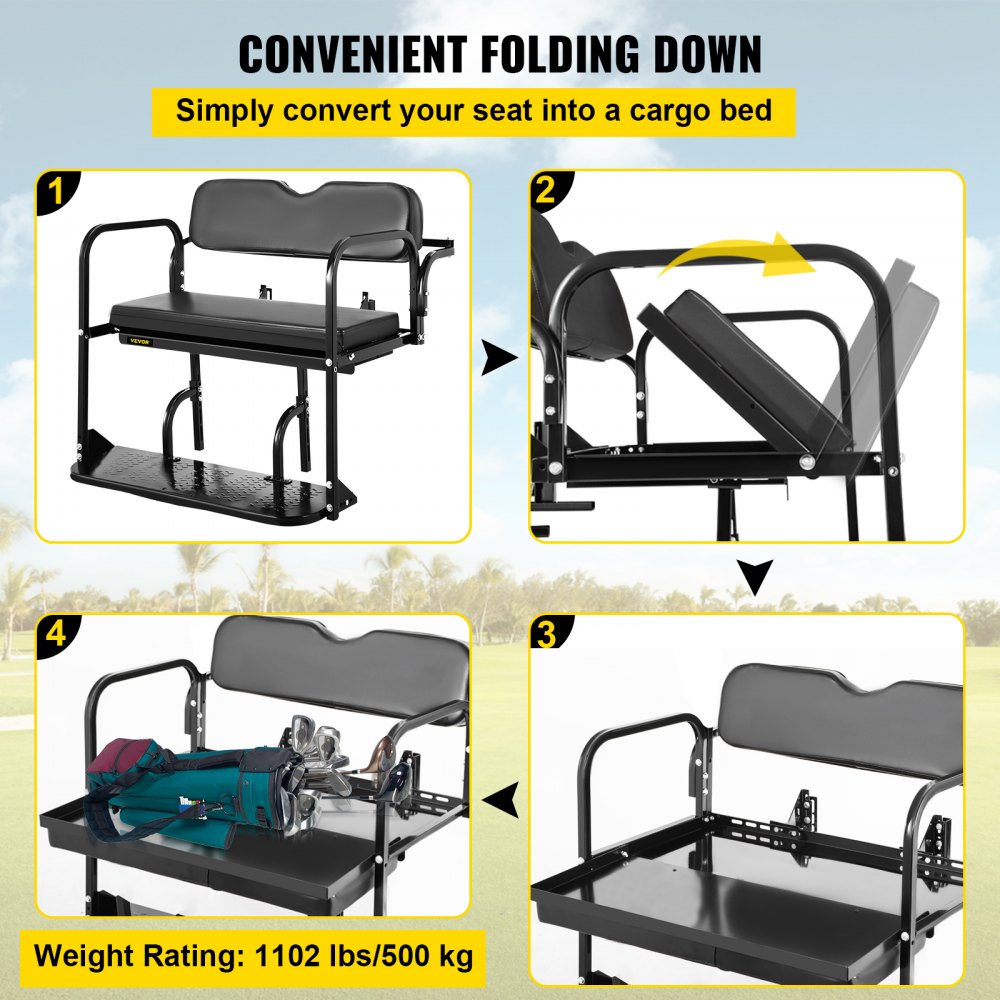 VEVOR Asiento trasero para carrito de golf, asiento trasero para carrito de golf para Yamaha G2 y G9, carrito de golf de gas/eléctrico, asiento trasero para carrito de golf resistente, capacidad de 1102 libras, kit de asiento trasero plegable de acero negro para carrito de golf