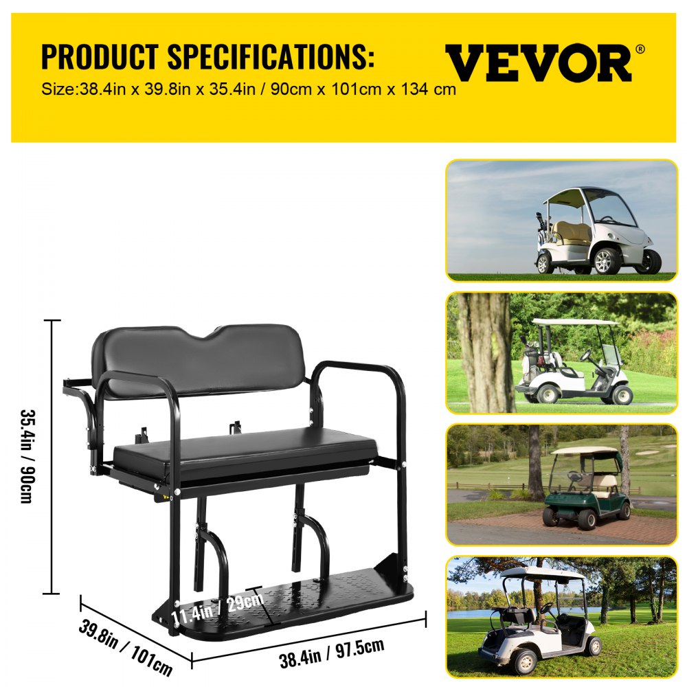 VEVOR Asiento trasero para carrito de golf, asiento trasero para carrito de golf para Yamaha G2 y G9, carrito de golf de gas/eléctrico, asiento trasero para carrito de golf resistente, capacidad de 1102 libras, kit de asiento trasero plegable de acero negro para carrito de golf