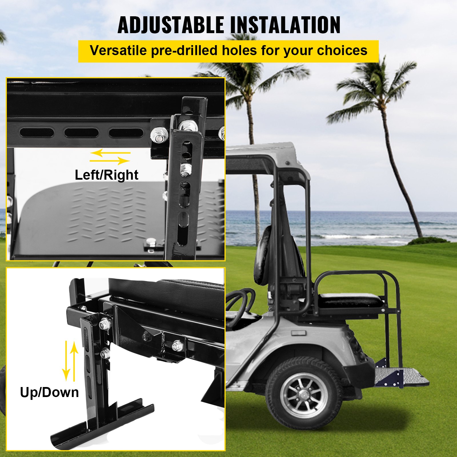 VEVOR Asiento trasero para carrito de golf, asiento trasero para carrito de golf para Yamaha G2 y G9, carrito de golf de gas/eléctrico, asiento trasero para carrito de golf resistente, capacidad de 1102 libras, kit de asiento trasero plegable de acero negro para carrito de golf