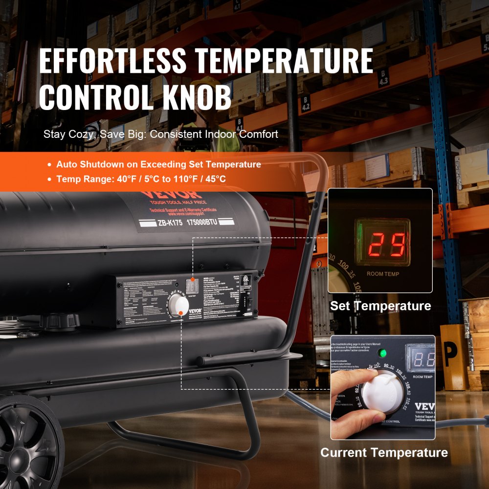 Calefactor de aire forzado a queroseno VEVOR, 175000 BTU, calefactor portátil con termostato, tanque de 13.2 galones, calefactor de alta resistencia y eficiencia energética, para uso en interiores y exteriores, talleres e industria.