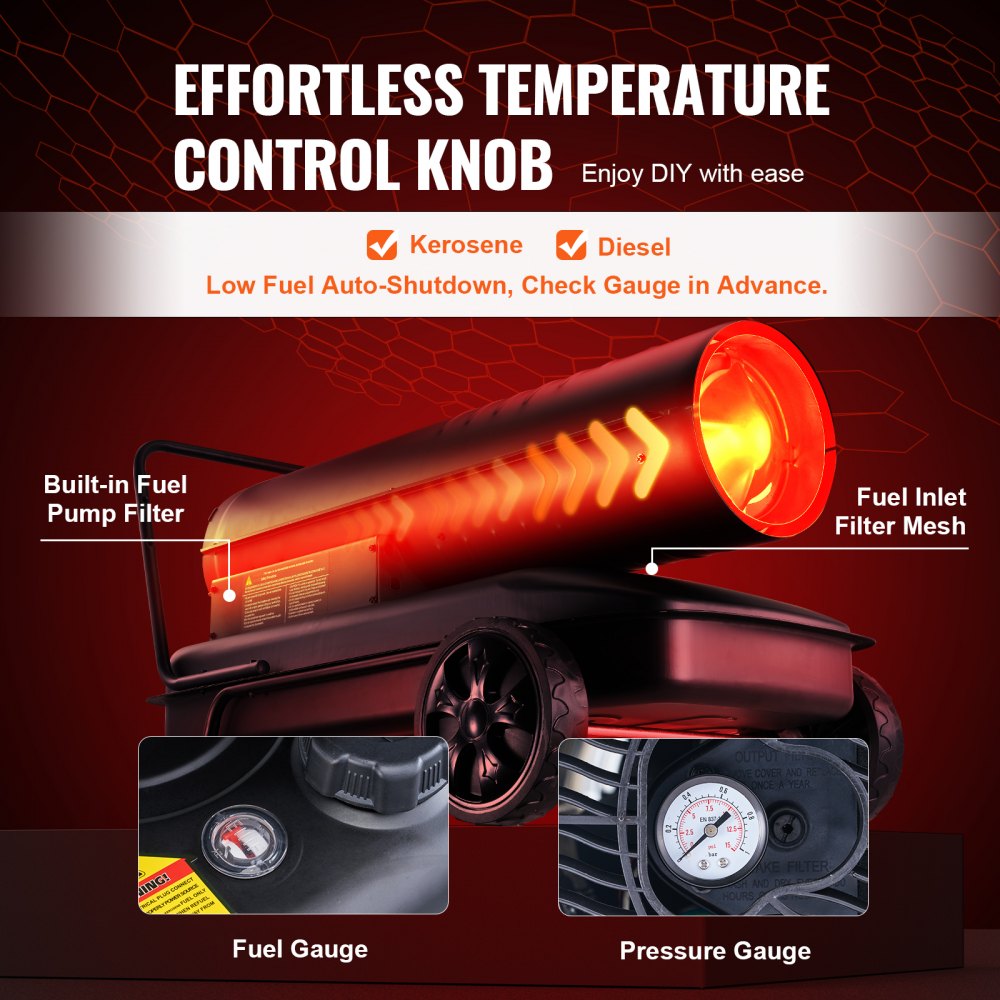 Calefactor de aire forzado a queroseno VEVOR, 175000 BTU, calefactor portátil con termostato, tanque de 13.2 galones, calefactor de alta resistencia y eficiencia energética, para uso en interiores y exteriores, talleres e industria.
