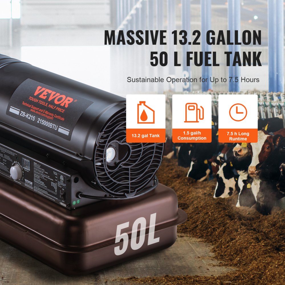 Calefactor de aire forzado VEVOR a queroseno, 215000 BTU, calefactor portátil tipo torpedo diésel con termostato, tanque de 13.2 galones, calefactor de alta resistencia y eficiencia energética, para uso en interiores y exteriores, talleres e industria.