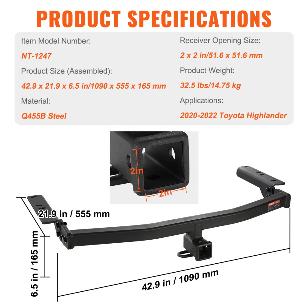 Especificaciones del producto para enganche de remolque VEVOR clase 3, compatible con Toyota Highlander 2020-2022.