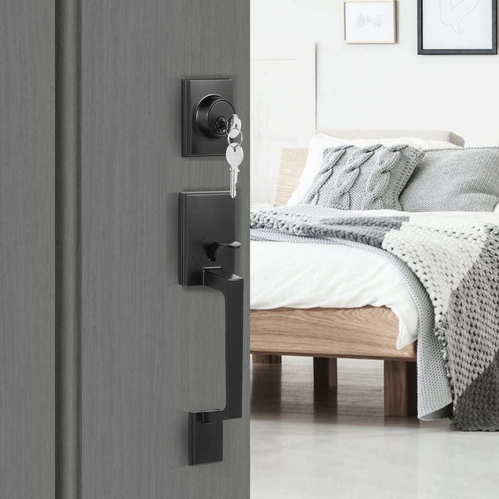 VEVOR Juego de manija y cerrojo para puerta delantera, juego de manija cuadrada negra mate con manija de puerta con palanca, manija de puerta de entrada de un solo cilindro con reversible para entrada y puerta delantera para diestros y zurdos