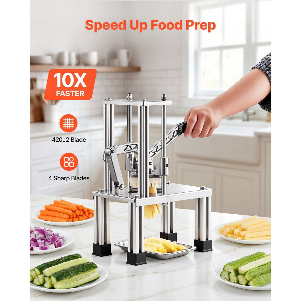 VEVOR Cortador de Patatas Fritas con 4 Cuchillas de Repuesto 0,9 cm, 0,6 cm, 6 Cuñas y Descorazonador de 6 Cuñas, Cortadora de Verduras Soporte Estable en 4 Esquinas para Restaurantes, Cocinas