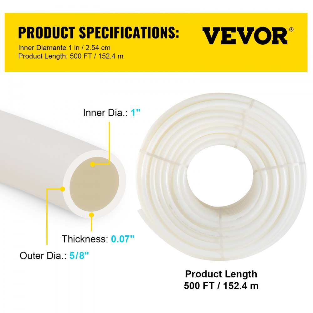 Especificaciones de la tubería pex VEVOR: diámetro interior de 1 pulgada, diámetro exterior de 5/8 de pulgada, longitud de 500 pies.