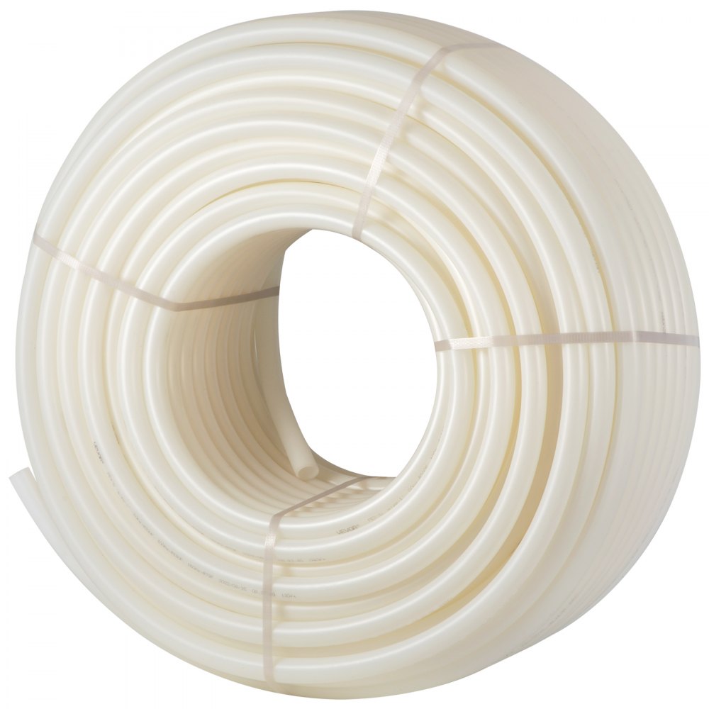 Tubo pex VEVOR enrollado en color blanco, cuidadosamente atado con correas de plástico para sistemas de plomería o calefacción.