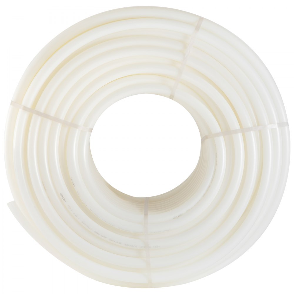 Tubo pex VEVOR blanco enrollado cuidadosamente dispuesto, resaltando sus características de flexibilidad y durabilidad.