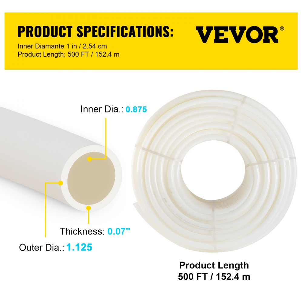 Tubería PEX VEVOR de 1 pulgada x 500 pies, tubería PEX-B blanca sin barrera de oxígeno, línea de agua PEX flexible para manguera de alcantarillado de RV, plomería y calefacción radiante.