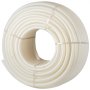 Tubo pex VEVOR enrollado en color blanco, cuidadosamente atado con correas de plástico para sistemas de plomería o calefacción.