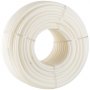 Tubo pex VEVOR en espiral blanco asegurado con bandas, mostrando su flexibilidad y textura suave.