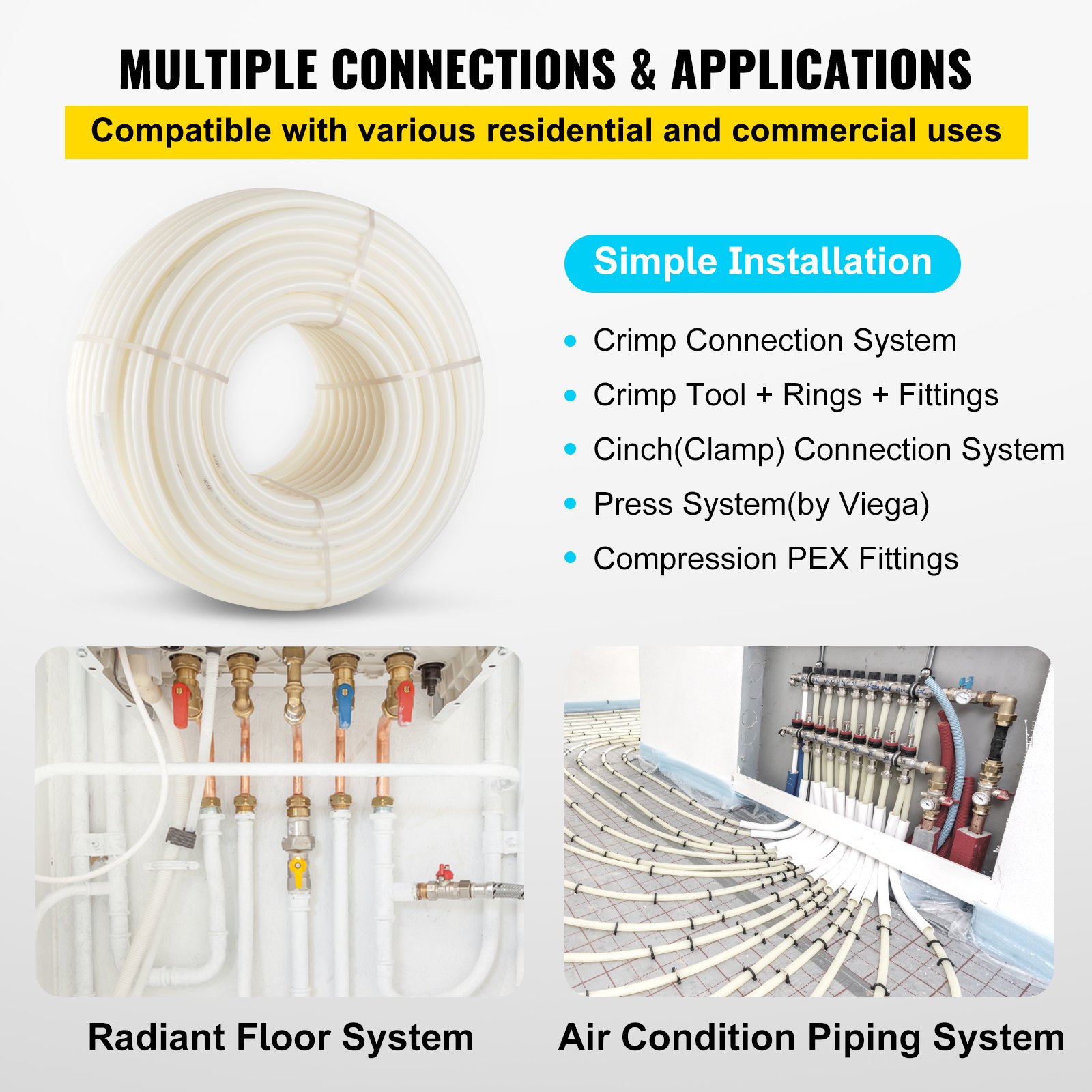 Tubo pex VEVOR para sistemas de tuberías de suelo radiante y aire acondicionado, compatible con varios accesorios.