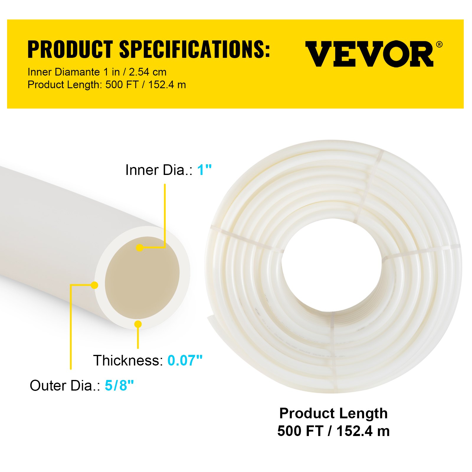 Especificaciones de la tubería pex VEVOR: diámetro interior de 1 pulgada, diámetro exterior de 5/8 de pulgada, longitud de 500 pies.
