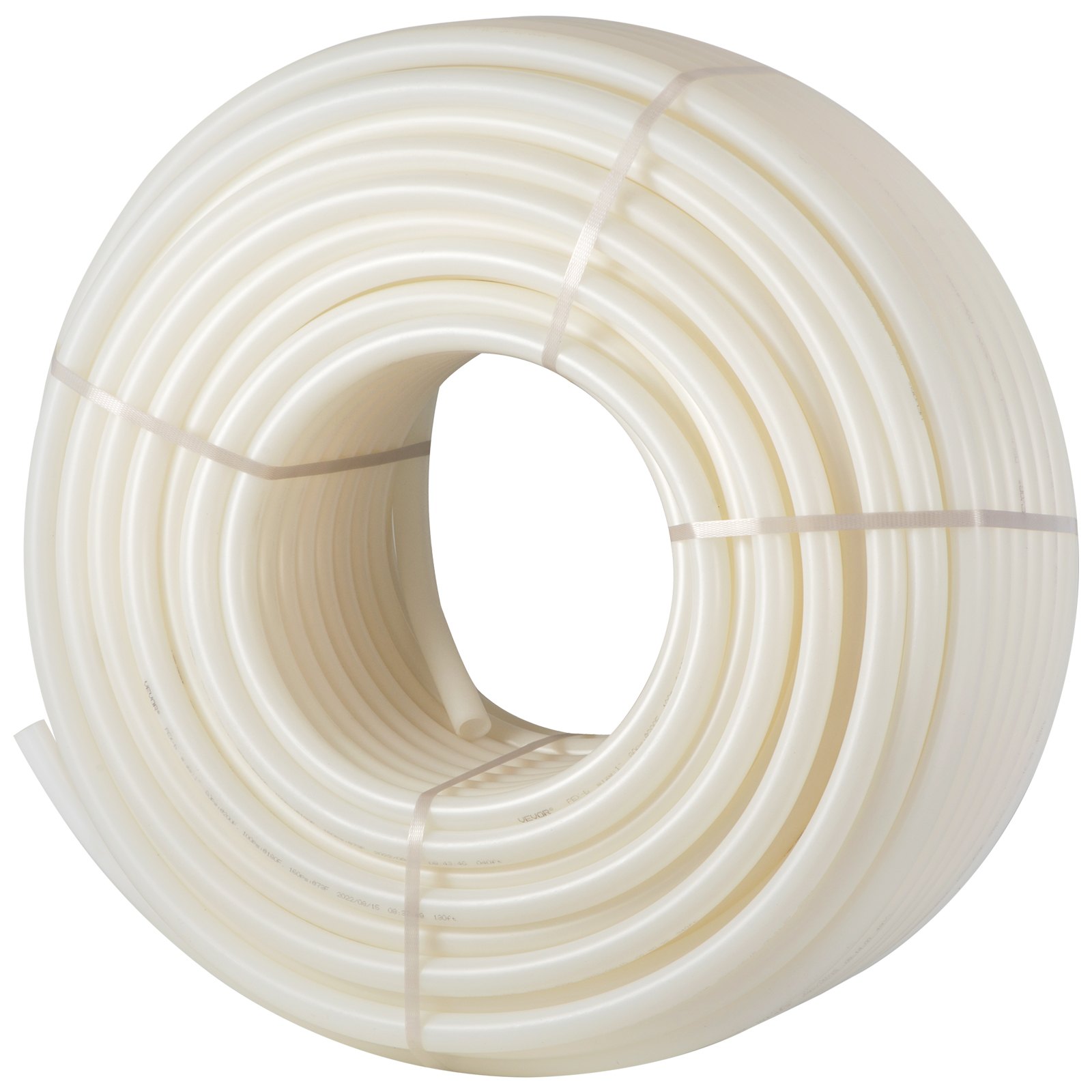 Tubo pex VEVOR enrollado en color blanco, cuidadosamente atado con correas de plástico para sistemas de plomería o calefacción.