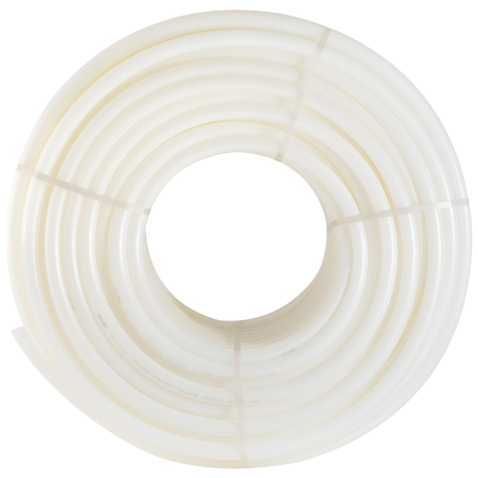 Tubo pex VEVOR blanco enrollado cuidadosamente dispuesto, resaltando sus características de flexibilidad y durabilidad.