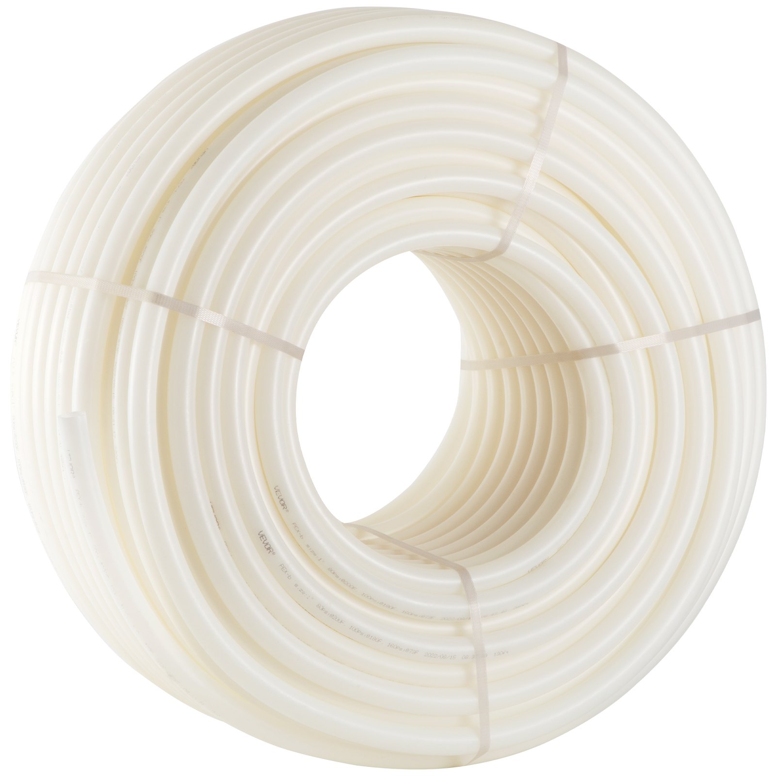 Tubo pex VEVOR en espiral blanco asegurado con bandas, mostrando su flexibilidad y textura suave.