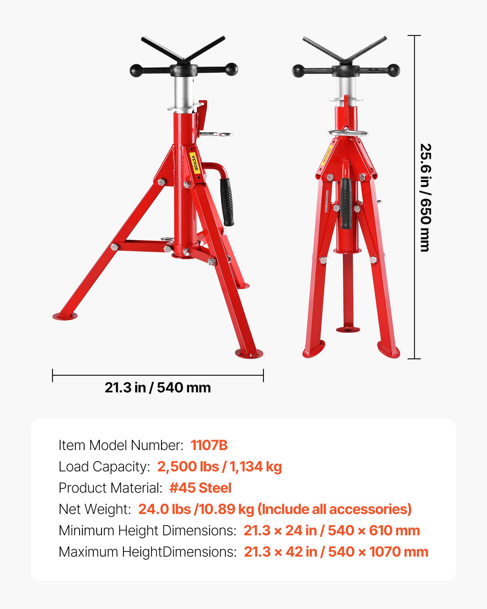 Soporte para tuberías VEVOR con cabezal en V, capacidad de 1/8 a 12 pulgadas, altura ajustable de 24 a 42 pulgadas, capacidad de carga de 2500 libras. Soportes plegables portátiles para aplicaciones de tuberías.