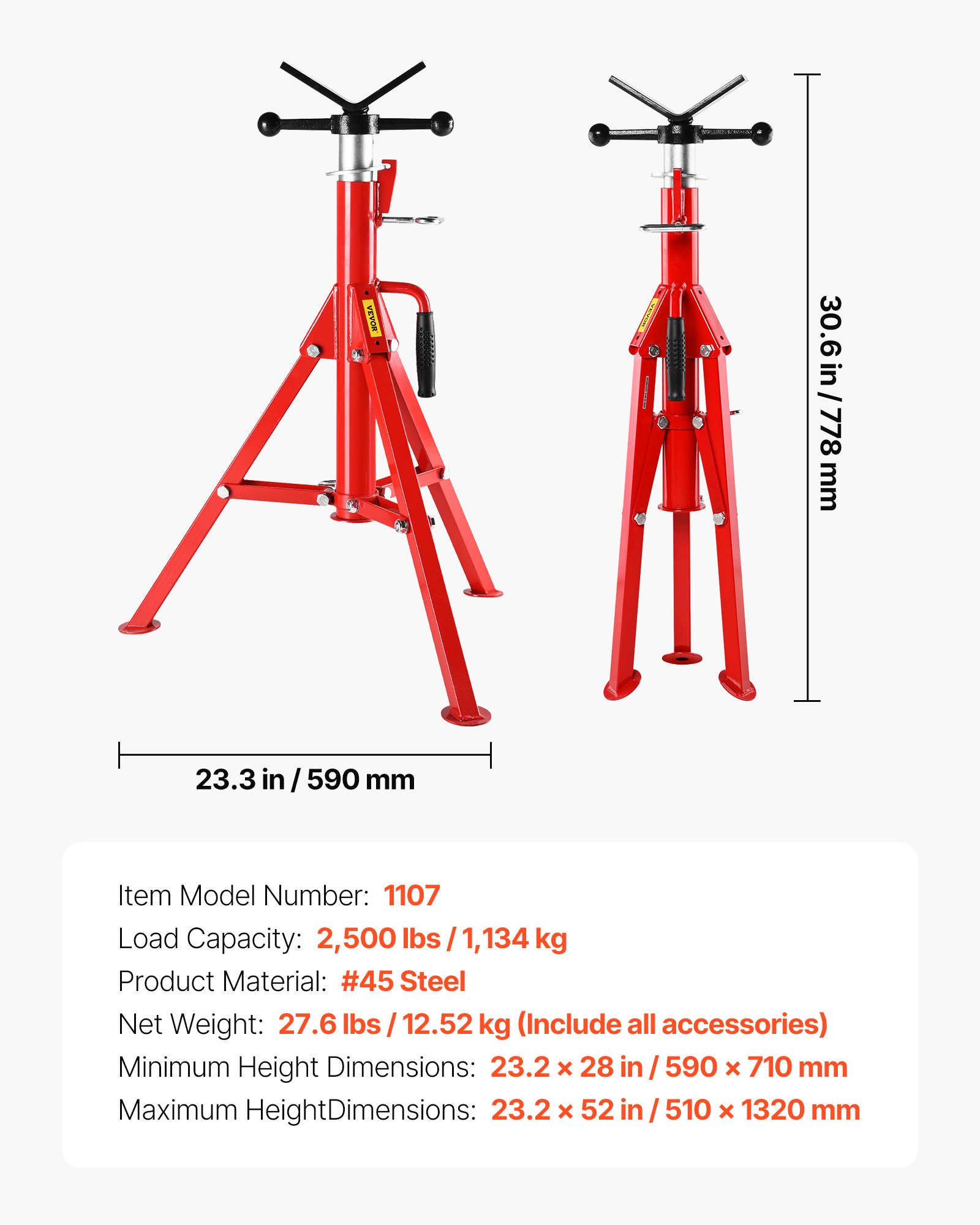 Soporte para tuberías VEVOR con cabezal en V, altura ajustable de 28 a 52 pulgadas, soportes para tuberías con capacidad de 2500 lb, soportes plegables y portátiles para tuberías de 1/2 a 12 pulgadas, soportes de acero.