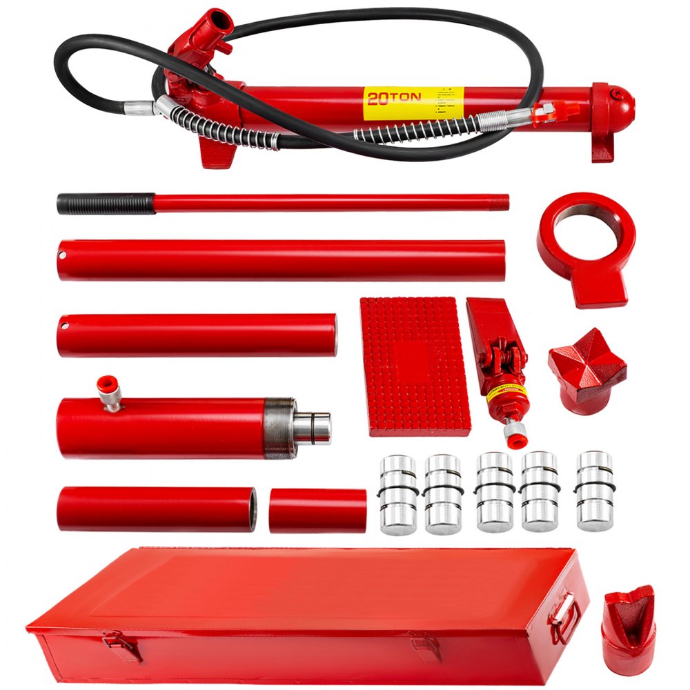 Kit de potencia portátil VEVOR con varios componentes hidráulicos rojos y un estuche de transporte rojo.