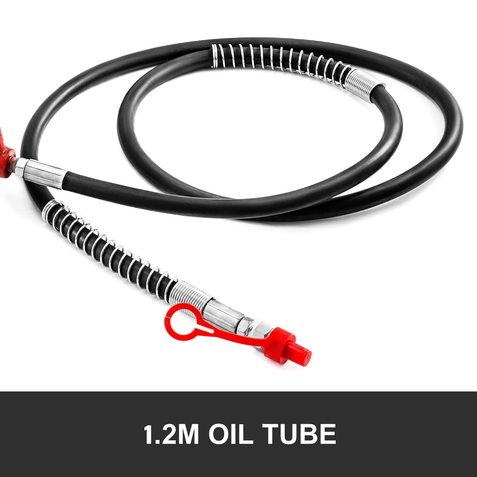 Tubo de aceite de 1,2m para gato hidráulico VEVOR con resortes protectores y tapón rojo.