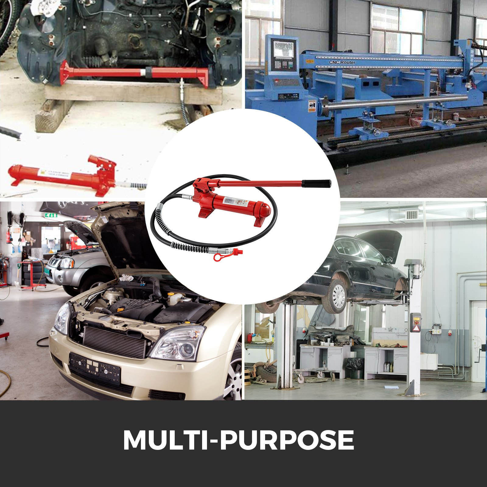 Gato hidráulico VEVOR para uso multiusos automotrices e industriales.
