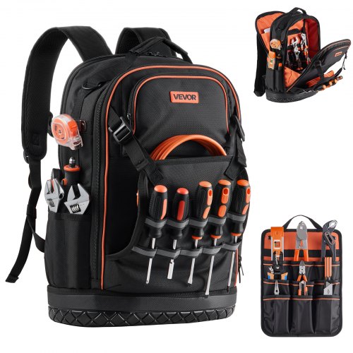 Mochila portaherramientas VEVOR, 65 bolsillos, organizador de herramientas de alta resistencia, bolsa de trabajo con compartimento para portátil y base moldeada, mochila para electricistas, reparadores y técnicos de climatización.
