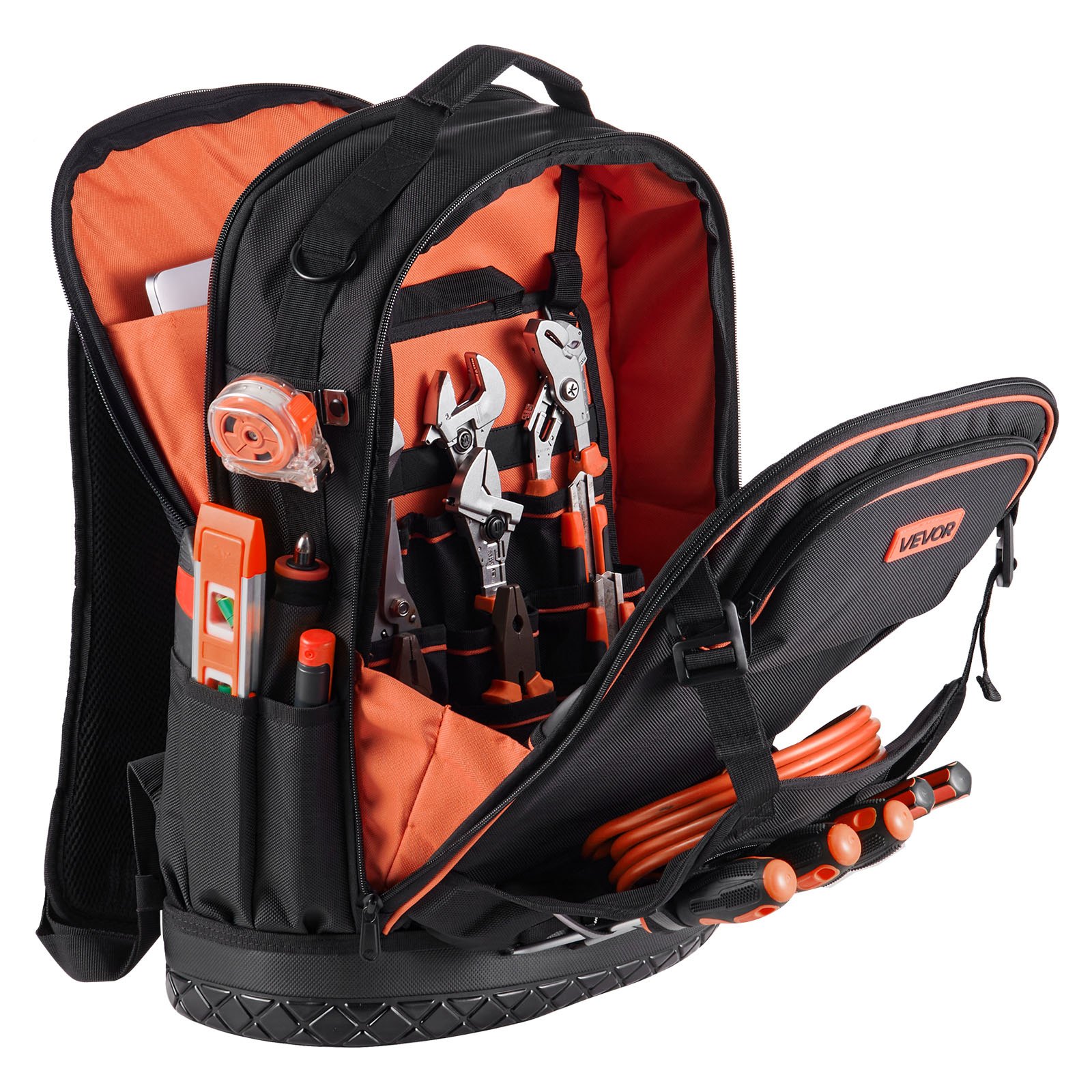 Mochila portaherramientas VEVOR, 65 bolsillos, organizador de herramientas de alta resistencia, bolsa de trabajo con compartimento para portátil y base moldeada, mochila para electricistas, reparadores y técnicos de climatización.