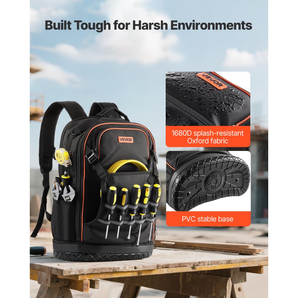 VEVOR Mochila para Herramientas, Mochila de Trabajo 370 x 195 x 520 mm con 65 Bolsillos, Compartimento para Portátil, Base Moldeada y Herramientas de 21 Piezas para Electricistas, Reparadores