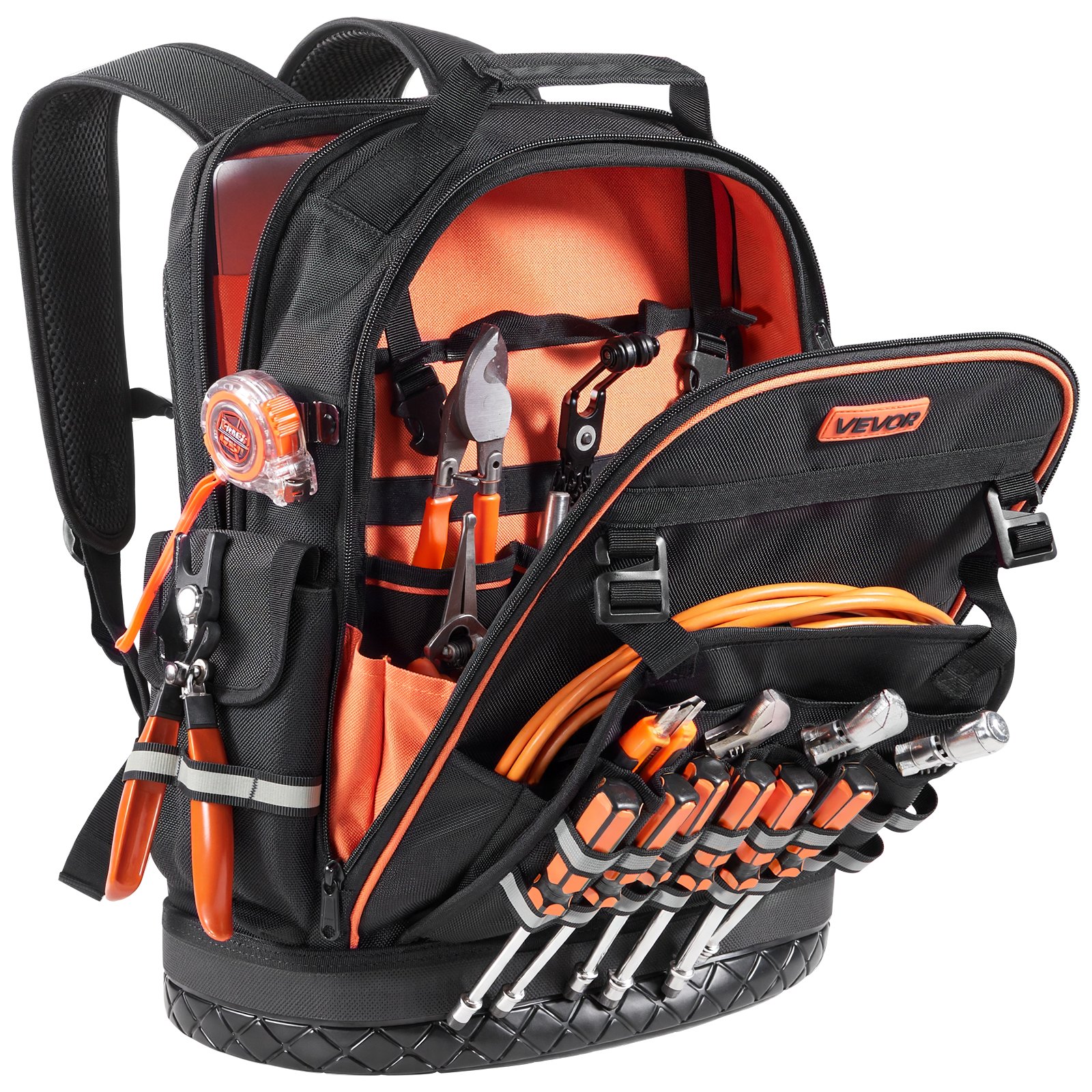 VEVOR Mochila para Herramientas, Mochila de Trabajo 365 x 195 x 470 mm con 64 Bolsillos, Compartimento para Portátil y Base Moldeada, Organizador de Herramientas para Electricistas, Reparadores