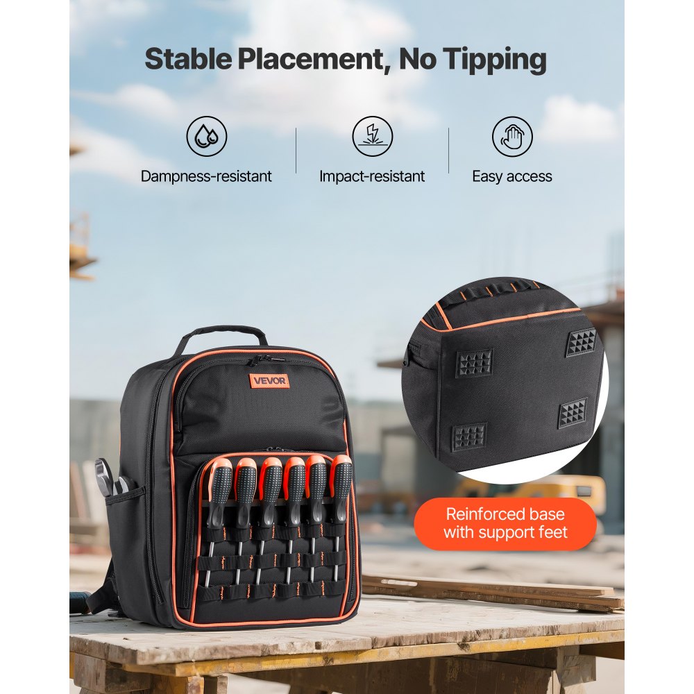 VEVOR Mochila para Herramientas, Mochila de Trabajo 280 x 230 x 405 mm con 49 Bolsillos, Compartimento para Portátil y Base de Tela Reforzada, Organizador de Herramientas para Electricistas