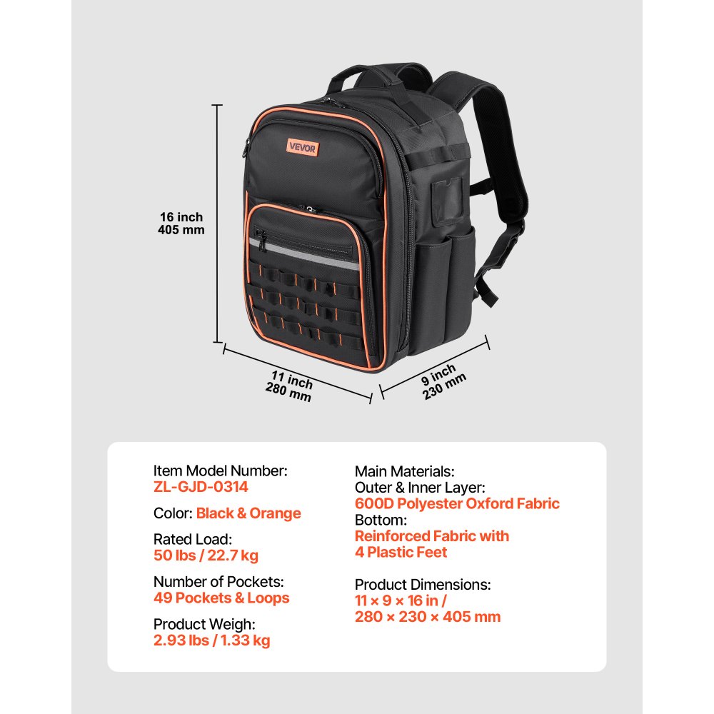 VEVOR Mochila para Herramientas, Mochila de Trabajo 280 x 230 x 405 mm con 49 Bolsillos, Compartimento para Portátil y Base de Tela Reforzada, Organizador de Herramientas para Electricistas