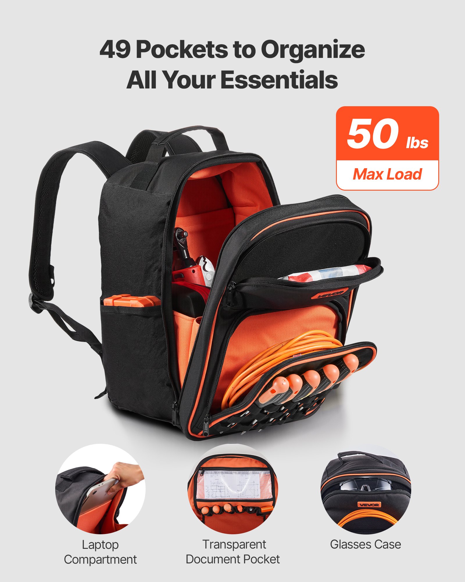 VEVOR Mochila para Herramientas, Mochila de Trabajo 280 x 230 x 405 mm con 49 Bolsillos, Compartimento para Portátil y Base de Tela Reforzada, Organizador de Herramientas para Electricistas