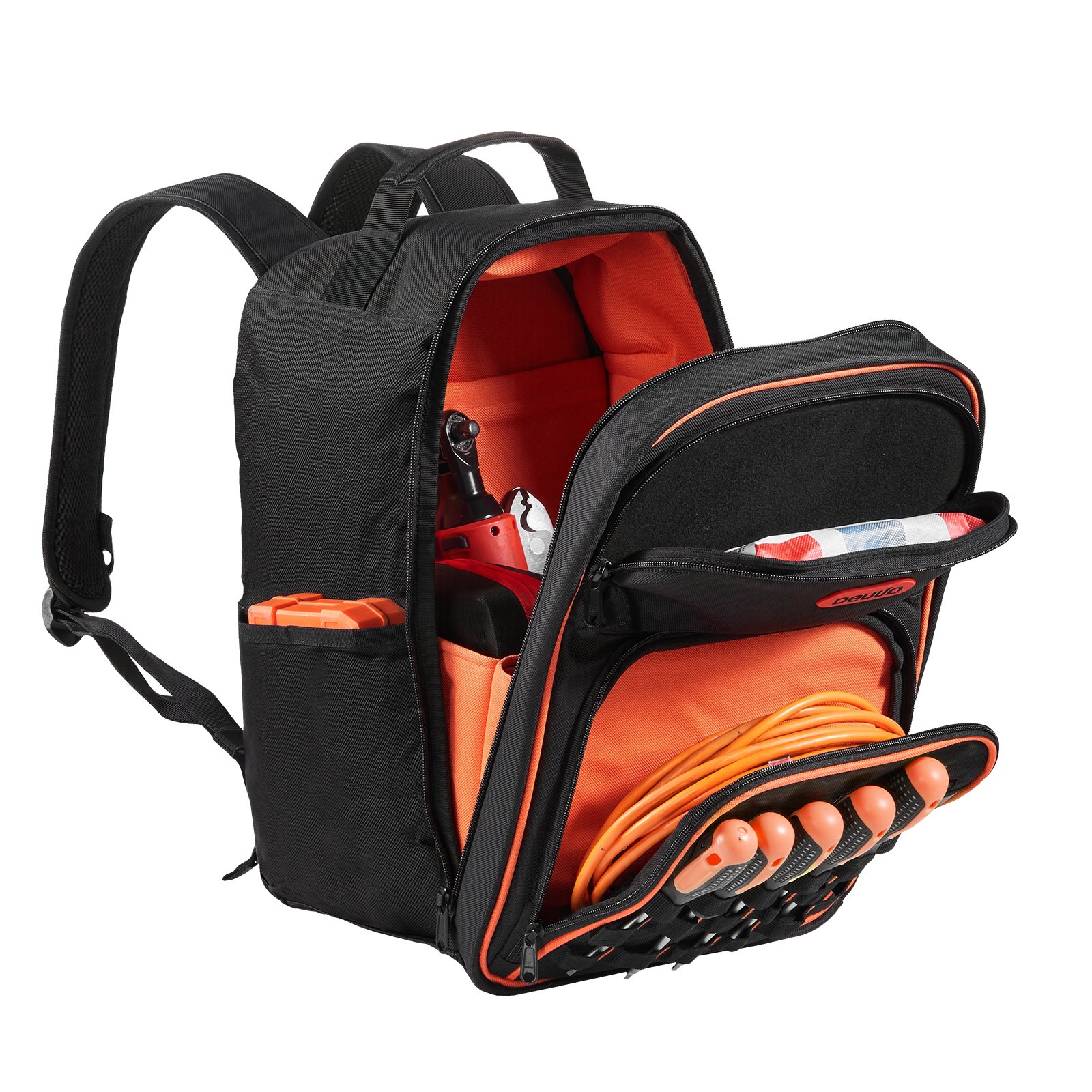 VEVOR Mochila para Herramientas, Mochila de Trabajo 280 x 230 x 405 mm con 49 Bolsillos, Compartimento para Portátil y Base de Tela Reforzada, Organizador de Herramientas para Electricistas