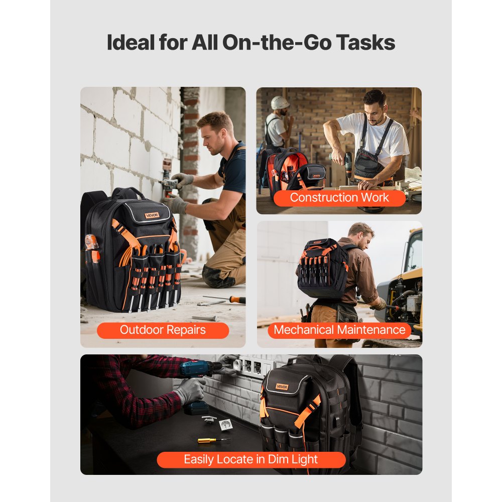 Mochila portaherramientas VEVOR, 45 bolsillos, organizador de herramientas de alta resistencia, bolsa de trabajo con compartimento para portátil y base de tela reforzada, mochila para electricistas y reparadores.