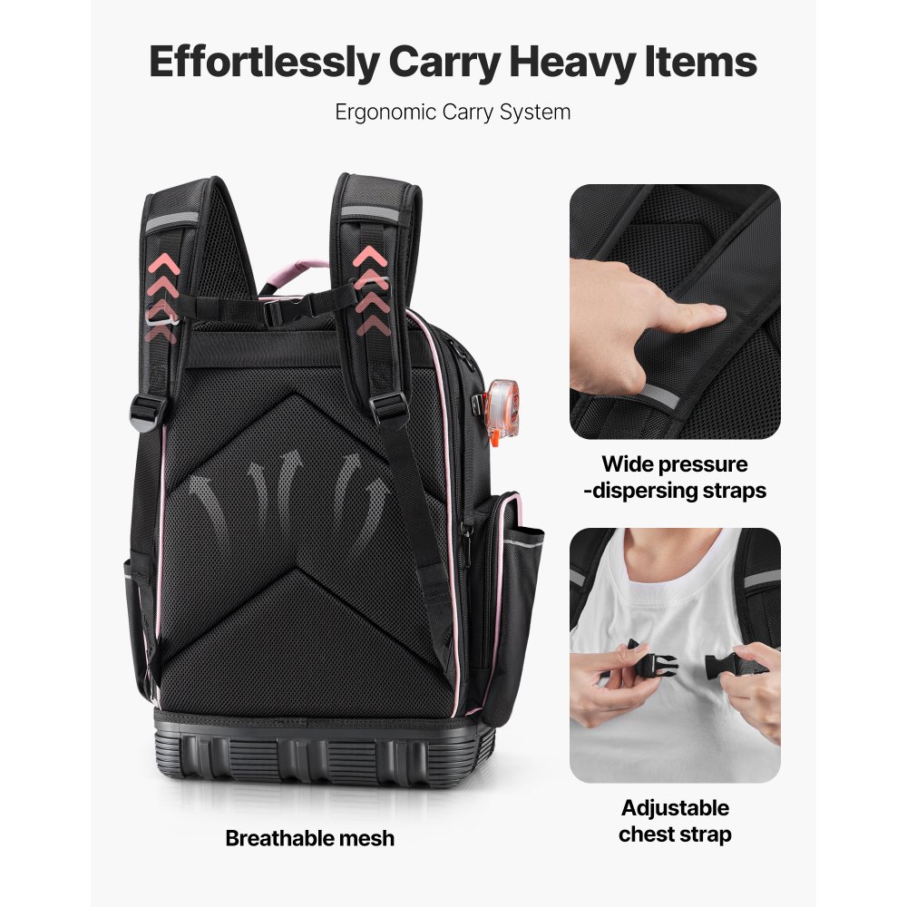 Mochila portaherramientas VEVOR, 56 bolsillos, organizador de herramientas de alta resistencia, bolsa de trabajo con compartimento para portátil y base moldeada, mochila para electricistas, reparadores y técnicos de climatización.