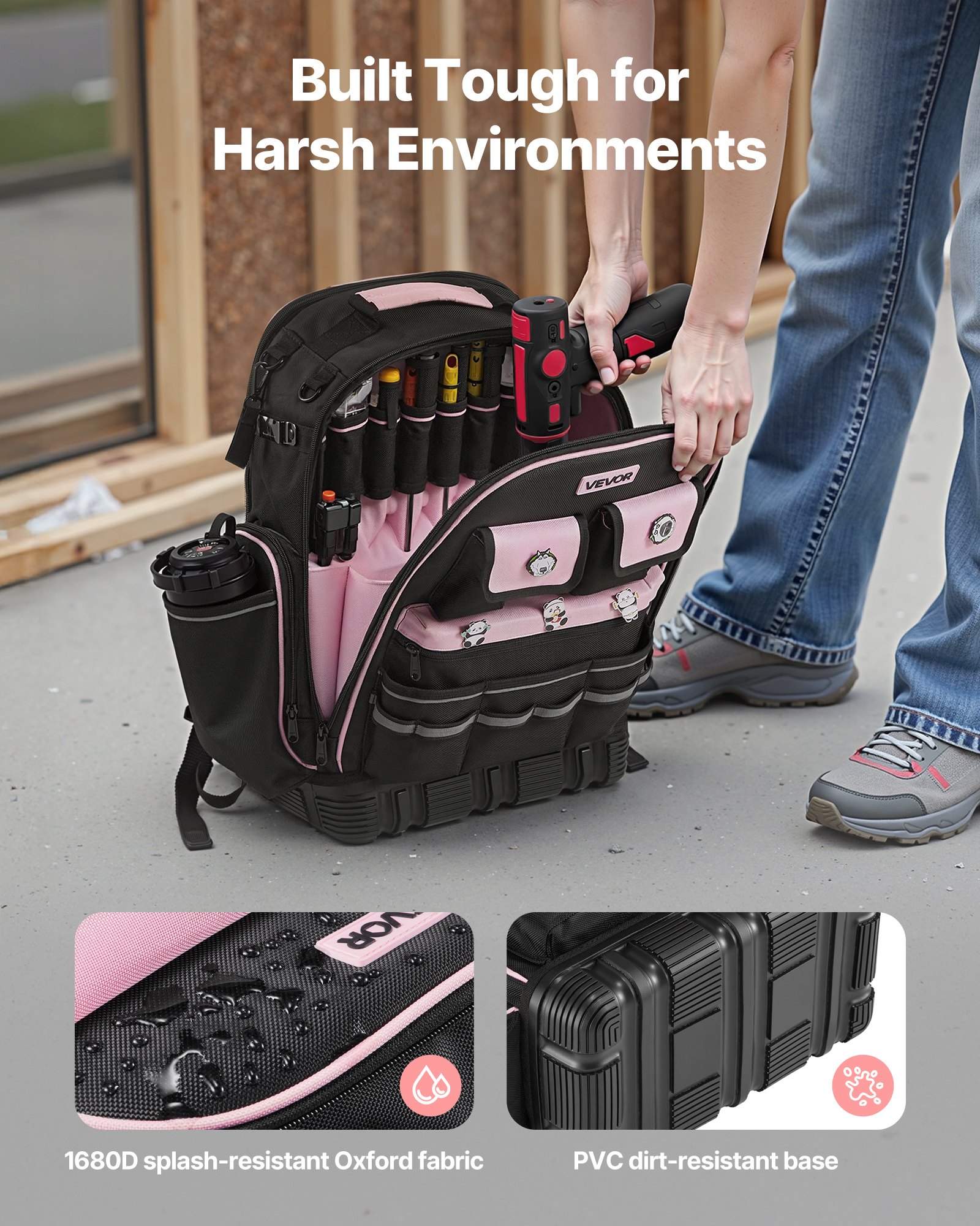 Mochila portaherramientas VEVOR, 56 bolsillos, organizador de herramientas de alta resistencia, bolsa de trabajo con compartimento para portátil y base moldeada, mochila para electricistas, reparadores y técnicos de climatización.