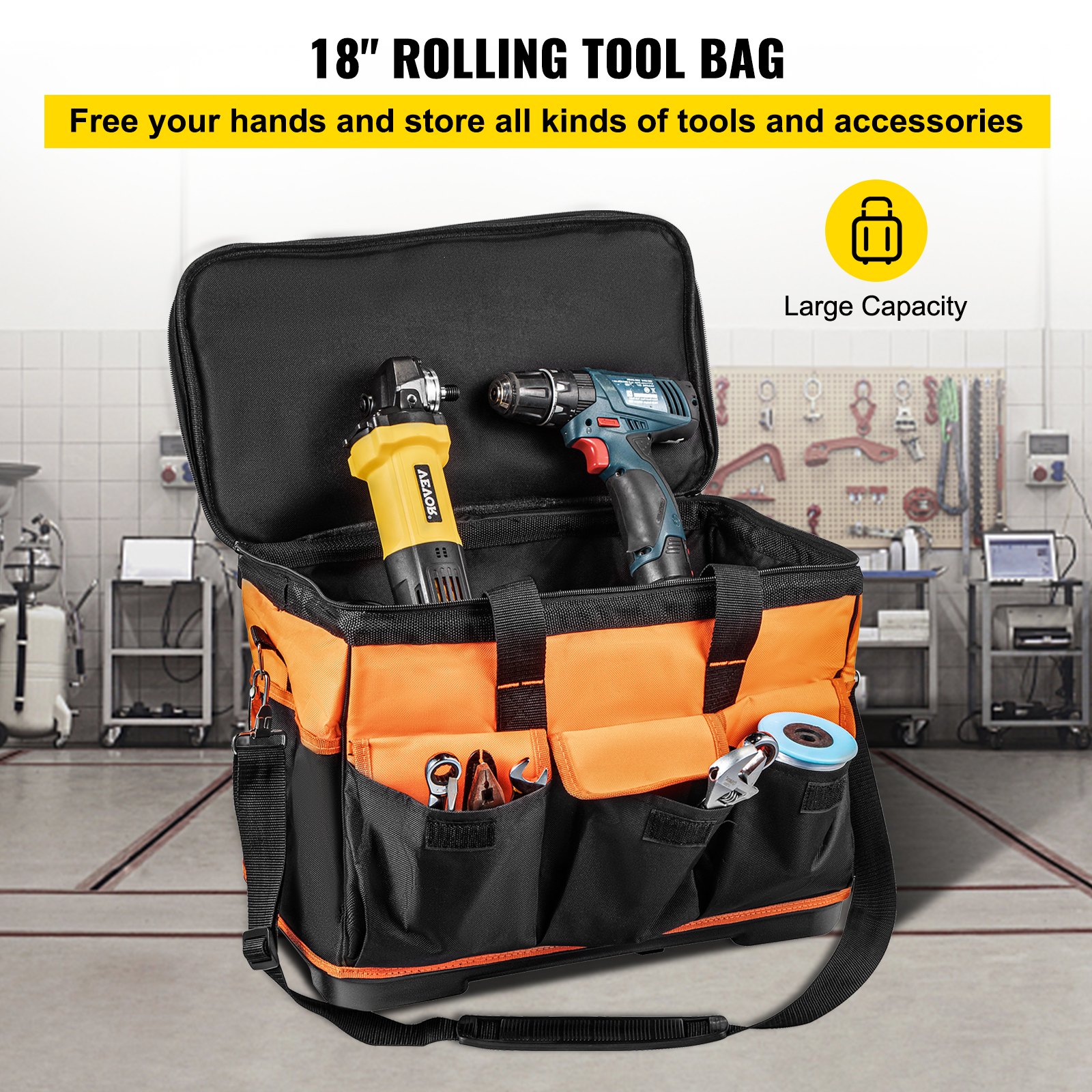 Bolsa de herramientas con ruedas VEVOR, bolsa de herramientas con ruedas de 18 pulgadas, bolsa de herramientas con ruedas de 17 bolsillos, bolsa de herramientas con ruedas con capacidad de carga de 110 lb con ruedas, caja de herramientas con ruedas con dos ruedas de 2.56 pulgadas, bolsa con ruedas con mango telescópico