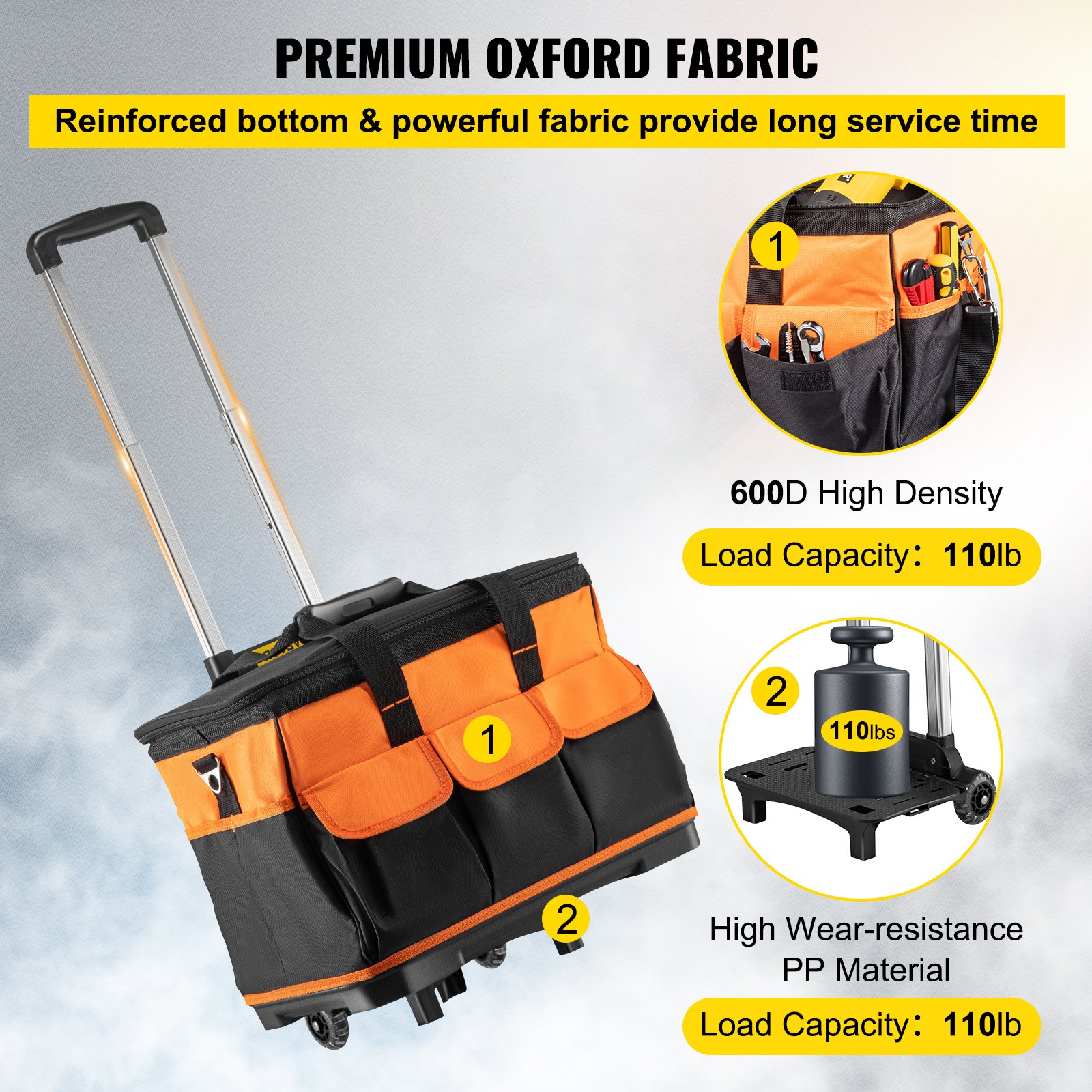 Bolsa de herramientas con ruedas VEVOR, bolsa de herramientas con ruedas de 18 pulgadas, bolsa de herramientas con ruedas de 17 bolsillos, bolsa de herramientas con ruedas con capacidad de carga de 110 lb con ruedas, caja de herramientas con ruedas con dos ruedas de 2.56 pulgadas, bolsa con ruedas con mango telescópico