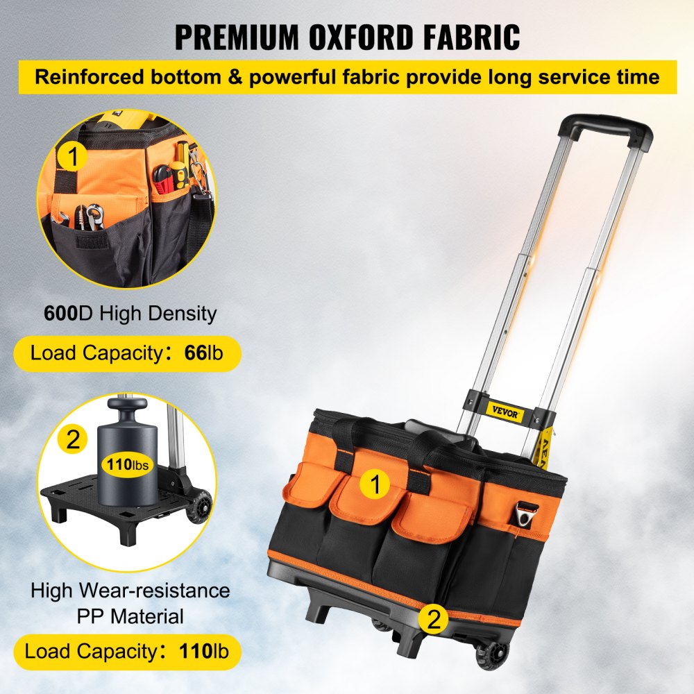 VEVOR Bolsa de Herramientas con Ruedas, Bolsa de Herramientas de 14 pulgadas con 2 Ruedas de 2,56 Pulgadas, 17 Bolsillos, Capacidad de carga de 110 Libras, Bolsa de Herramientas con Ruedas, Negro