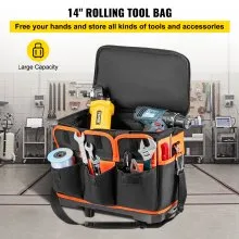 Bolsa de herramientas con ruedas VEVOR, bolsa de herramientas con ruedas de 14 pulgadas, bolsa de herramientas con ruedas de 17 bolsillos, bolsa de herramientas con ruedas con capacidad de carga de 110 lb con ruedas, caja de herramientas con ruedas con dos ruedas de 2,56 pulgadas, bolsa con ruedas con mango telescópico