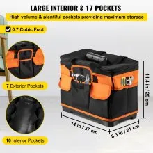 Bolsa de herramientas con ruedas VEVOR, bolsa de herramientas con ruedas de 14 pulgadas, bolsa de herramientas con ruedas de 17 bolsillos, bolsa de herramientas con ruedas con capacidad de carga de 110 lb con ruedas, caja de herramientas con ruedas con dos ruedas de 2,56 pulgadas, bolsa con ruedas con mango telescópico