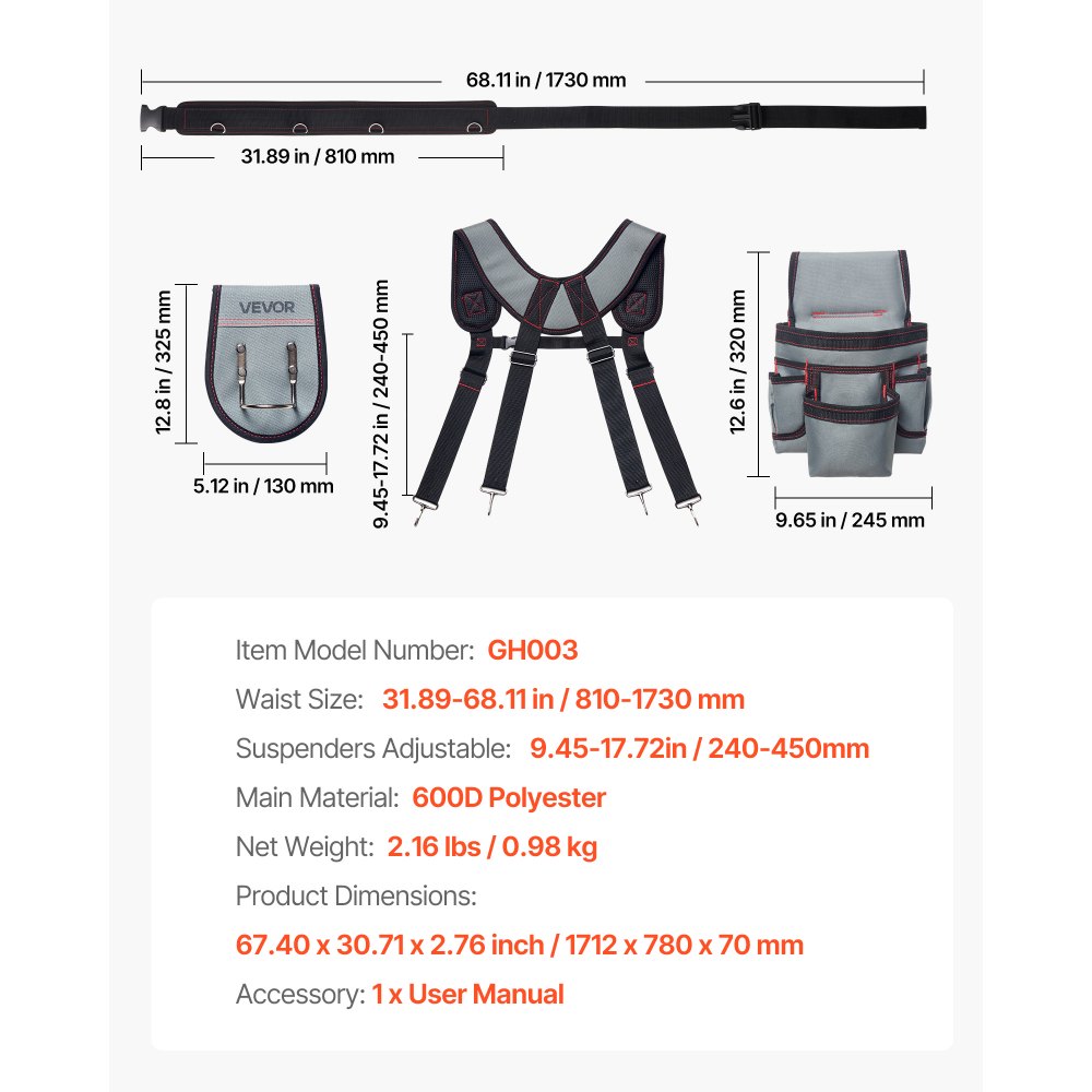 Cinturón de herramientas VEVOR, 22 bolsillos, bolsa de herramientas con tirantes para hombre, resistente, ajustable, para electricistas, carpinteros, construcción, organizador de delantal de trabajo, cintura ajustable de 81 a 172 cm.