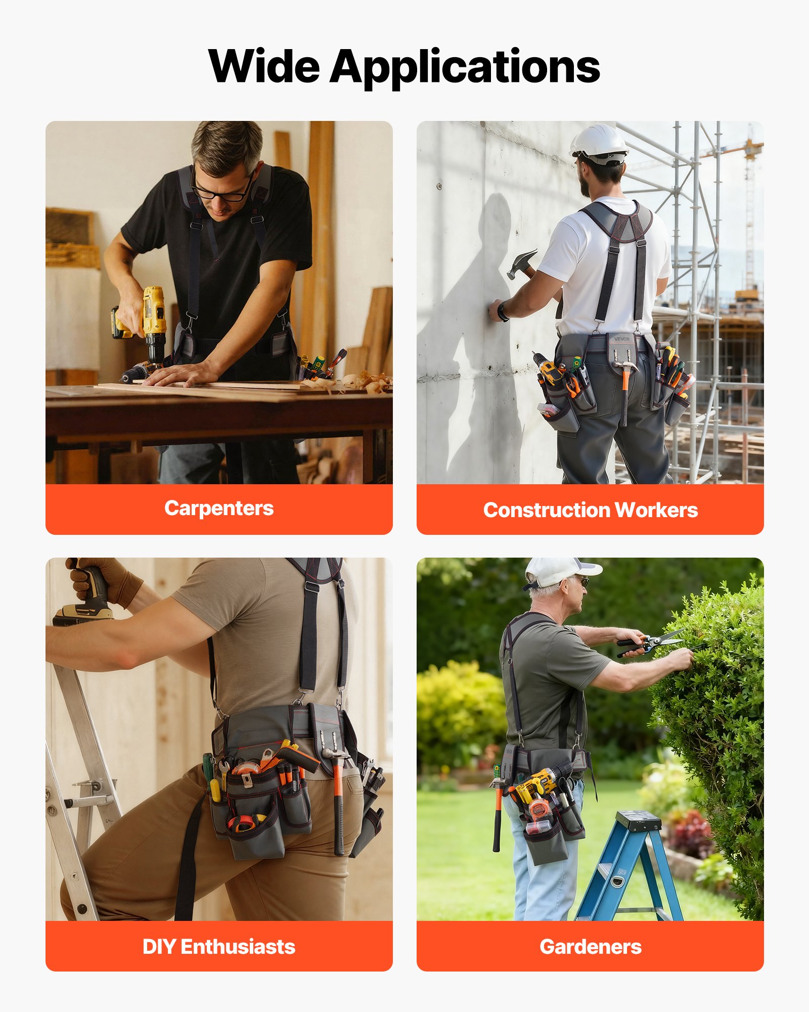 Cinturón de herramientas VEVOR, 22 bolsillos, bolsa de herramientas con tirantes para hombre, resistente, ajustable, para electricistas, carpinteros, construcción, organizador de delantal de trabajo, cintura ajustable de 81 a 172 cm.
