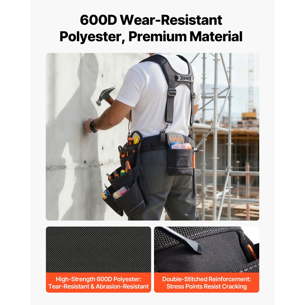 Cinturón de herramientas VEVOR, 19 bolsillos, bolsa de herramientas con tirantes para hombre, resistente, ajustable, bolsa de trabajo, con suspensión desmontable para electricistas, carpinteros y construcción, cintura ajustable de 31 a 51 pulgadas