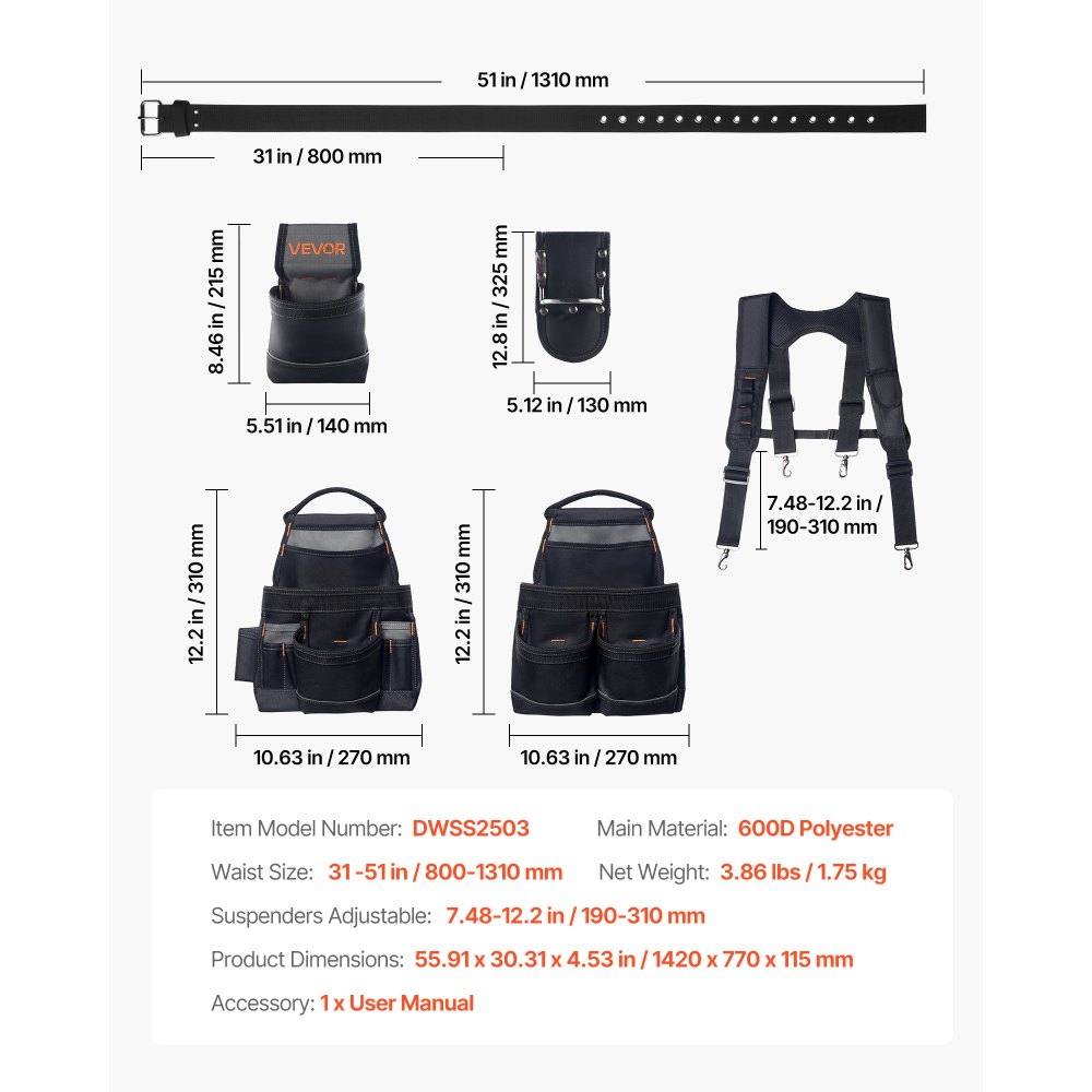 Cinturón de herramientas VEVOR, 19 bolsillos, bolsa de herramientas con tirantes para hombre, resistente, ajustable, bolsa de trabajo, con suspensión desmontable para electricistas, carpinteros y construcción, cintura ajustable de 31 a 51 pulgadas