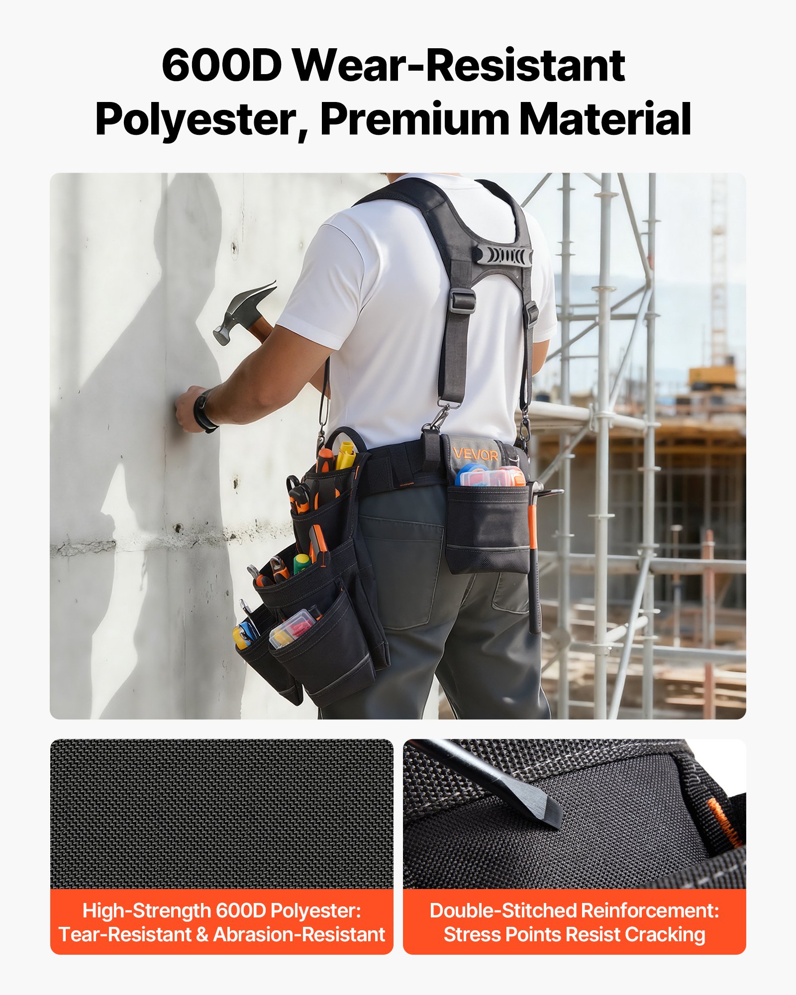 Cinturón de herramientas VEVOR, 19 bolsillos, bolsa de herramientas con tirantes para hombre, resistente, ajustable, bolsa de trabajo, con suspensión desmontable para electricistas, carpinteros y construcción, cintura ajustable de 31 a 51 pulgadas