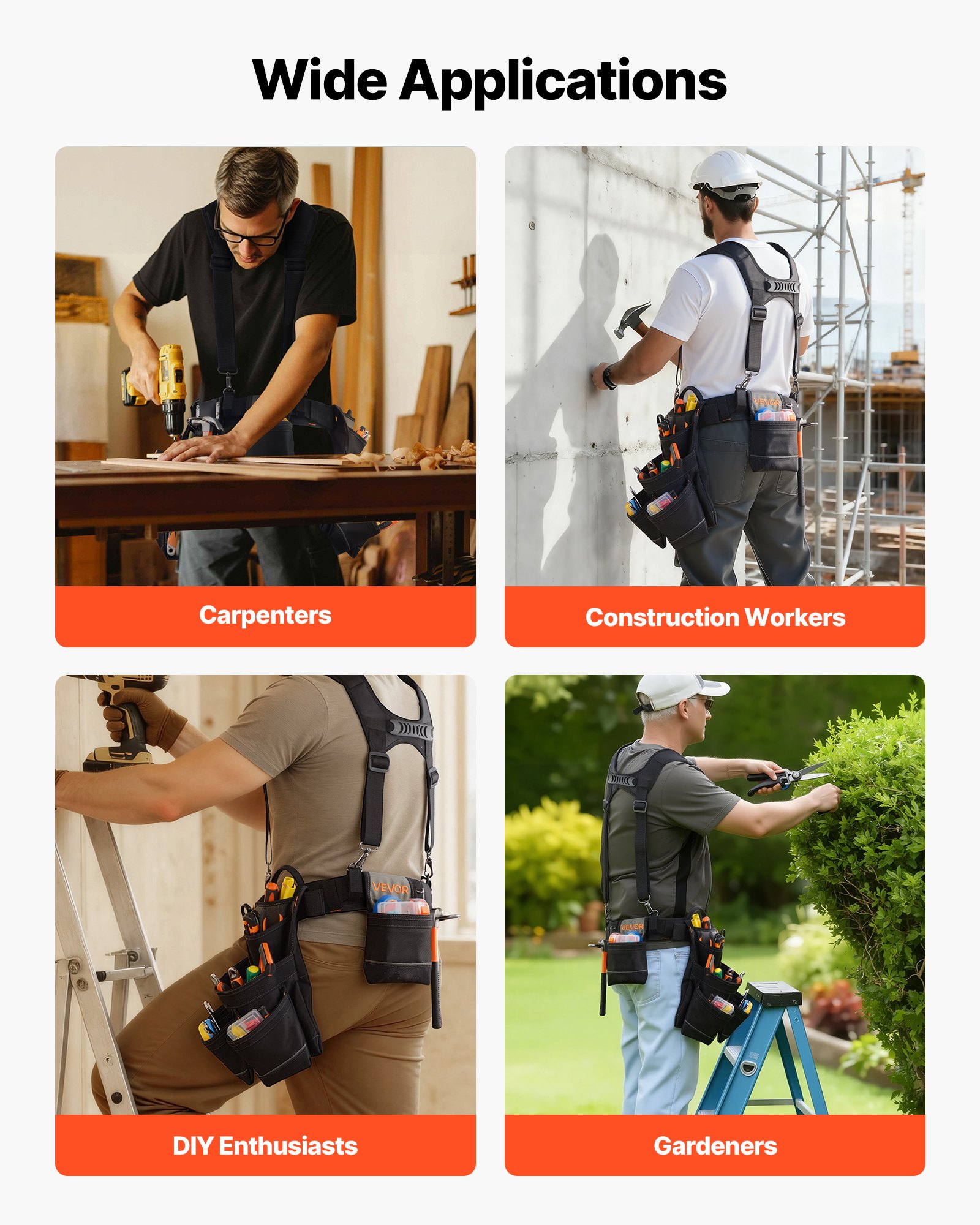 Cinturón de herramientas VEVOR, 19 bolsillos, bolsa de herramientas con tirantes para hombre, resistente, ajustable, bolsa de trabajo, con suspensión desmontable para electricistas, carpinteros y construcción, cintura ajustable de 31 a 51 pulgadas